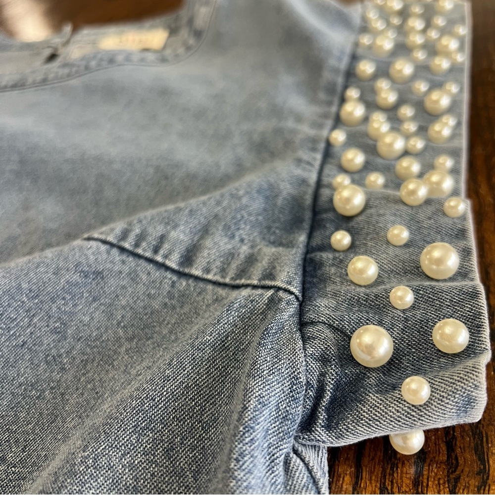 NWT Bibi Pearl Next Door Denim Dress Pearl Cap Sleeve Pockets Size Small Chic - Picture 6 of 11